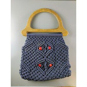 1960s Boho Macrame Purse Handbag Boho Hippie Retro Wood Handles Repair